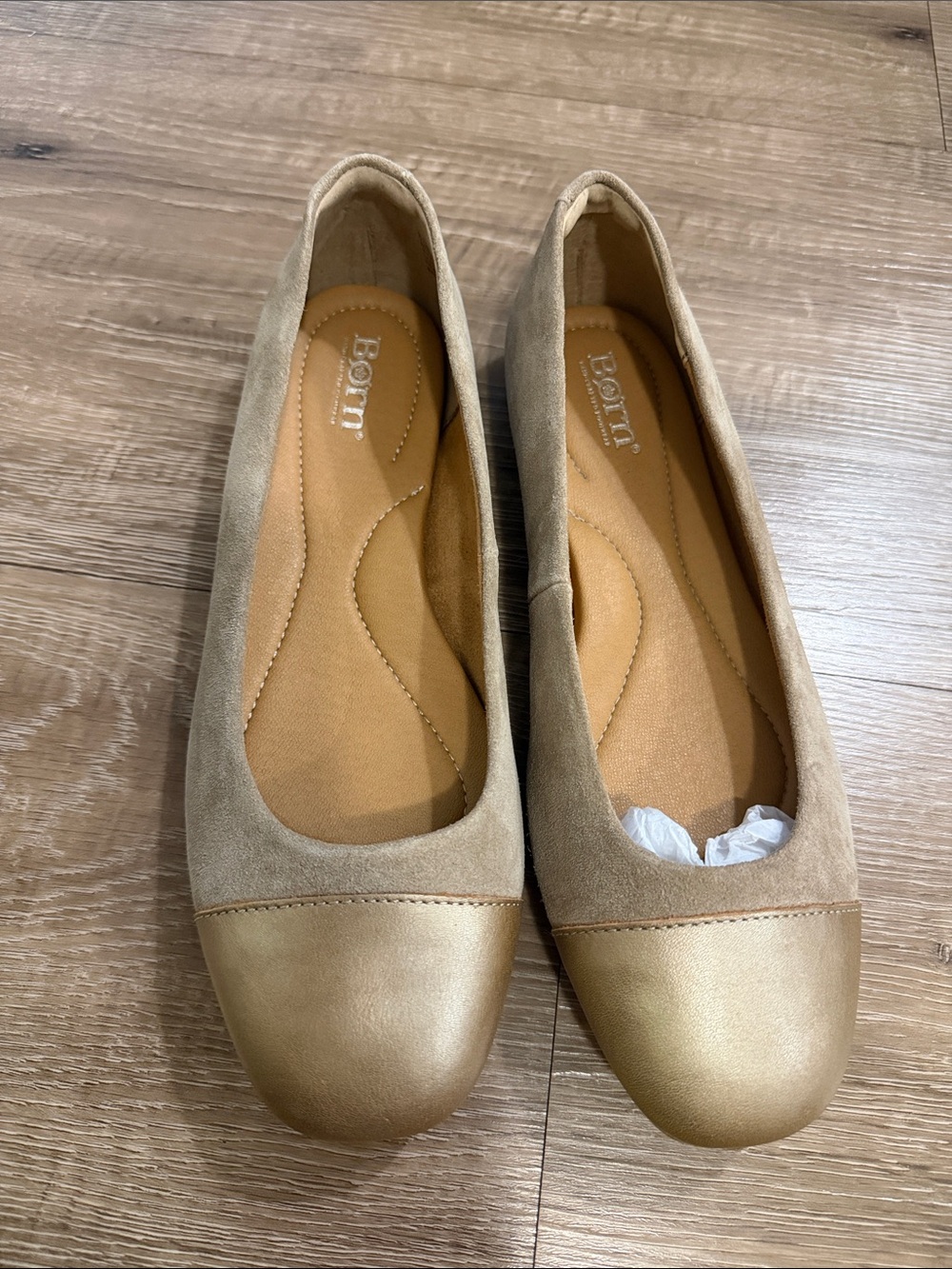 Born Batti Taupe Suede Flats with Metallic Gold Cap Toe